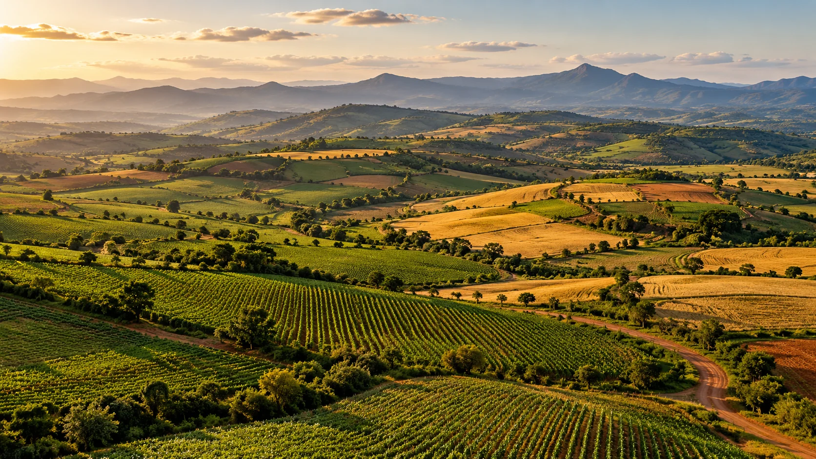 Wide cultivated fields across an African farm