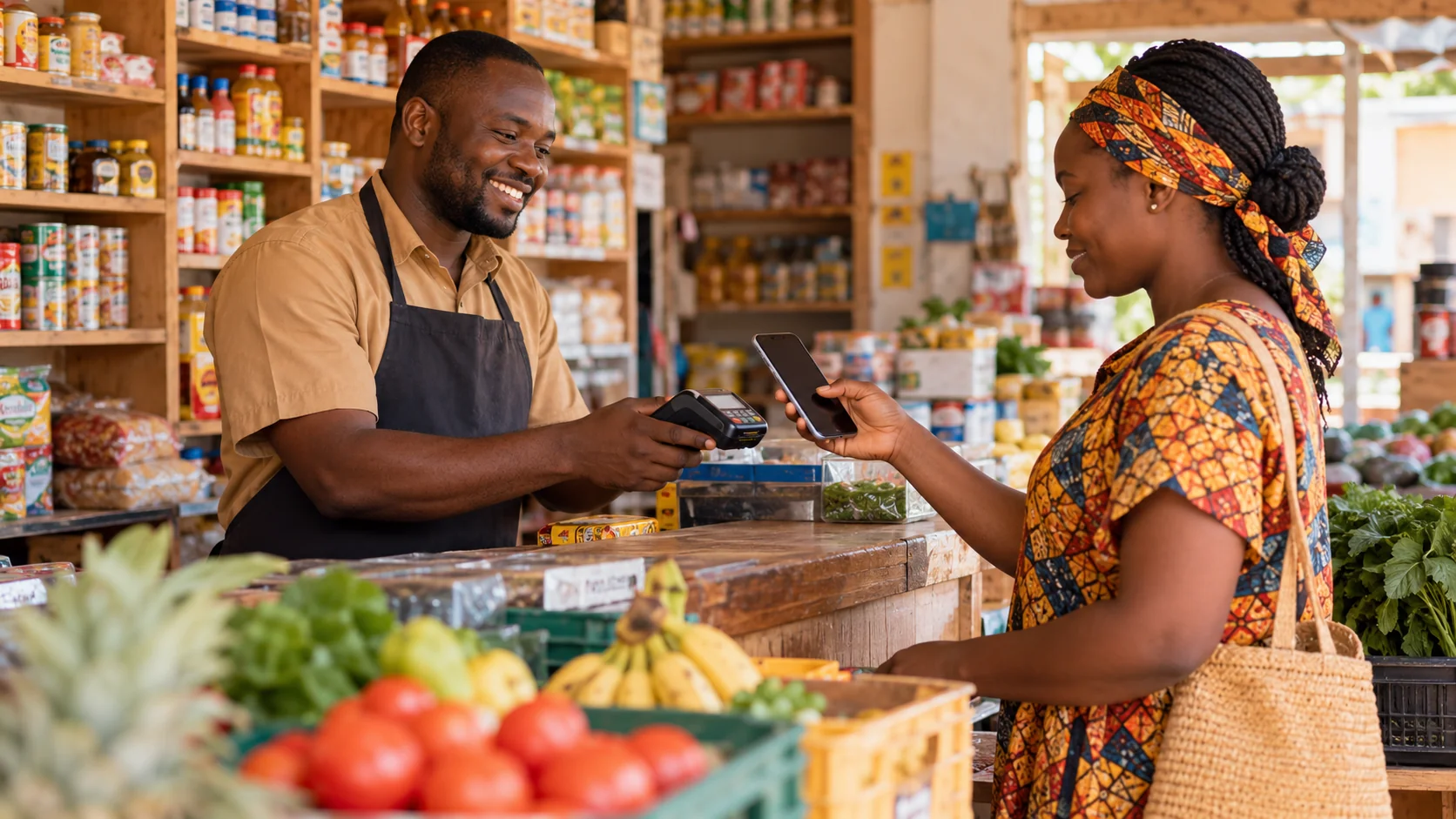 Shopkeeper and customer using a phone for a payment